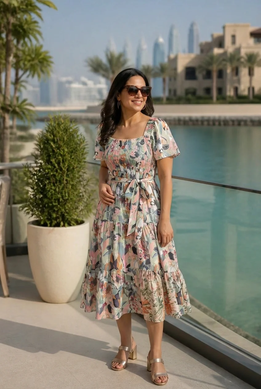 Woman in floral dress at Palm Jumeirah in Dubai, wearing sunglasses and sandals with city skyline in background.