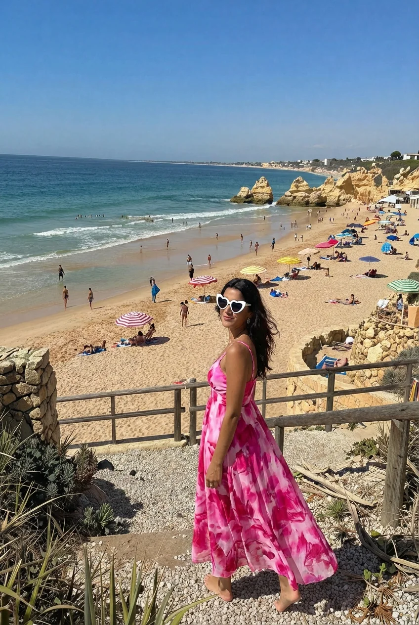 Woman in pink floral dress on a beach in Portugal