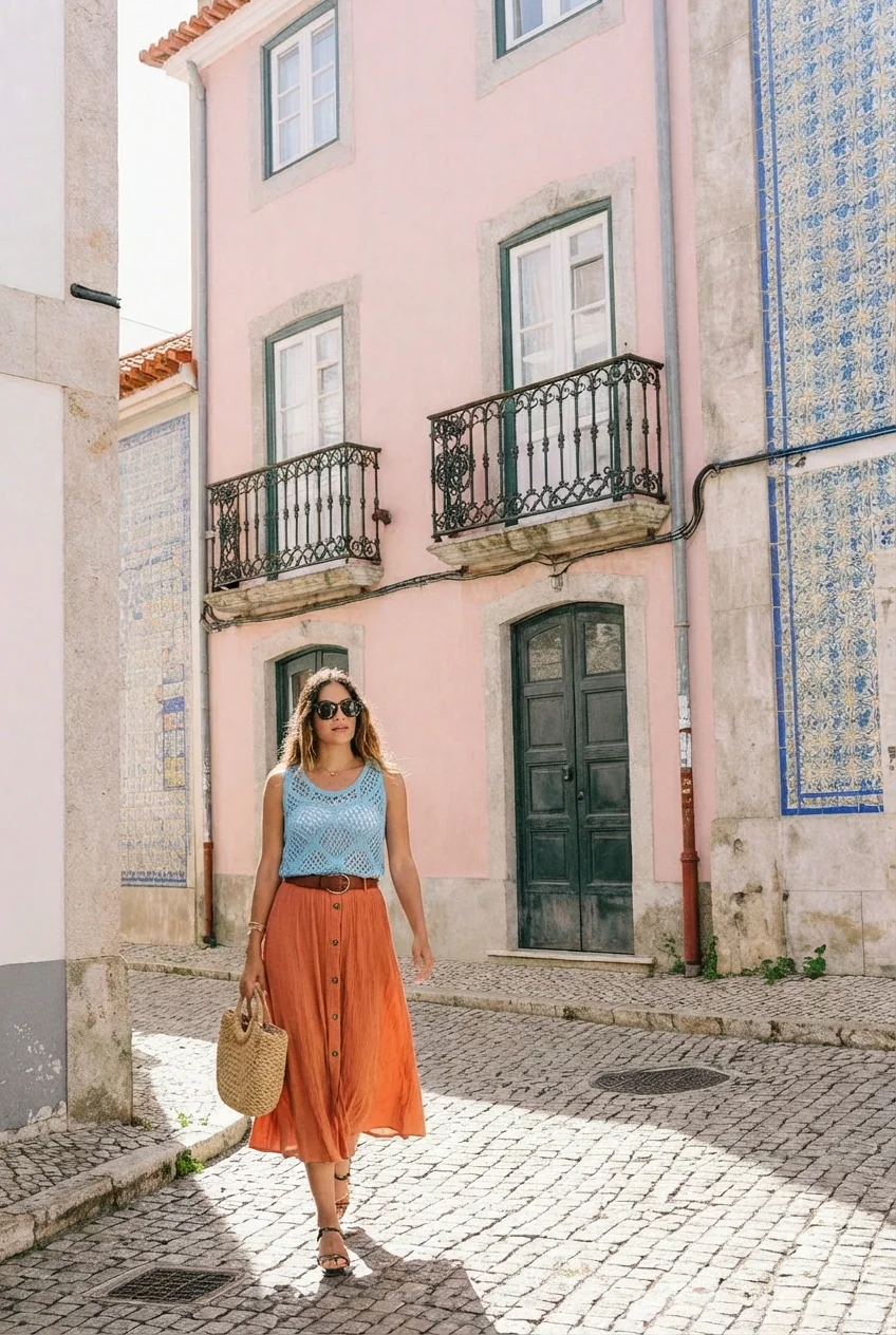 Woman walking in Lisbon with colorful travel outfit