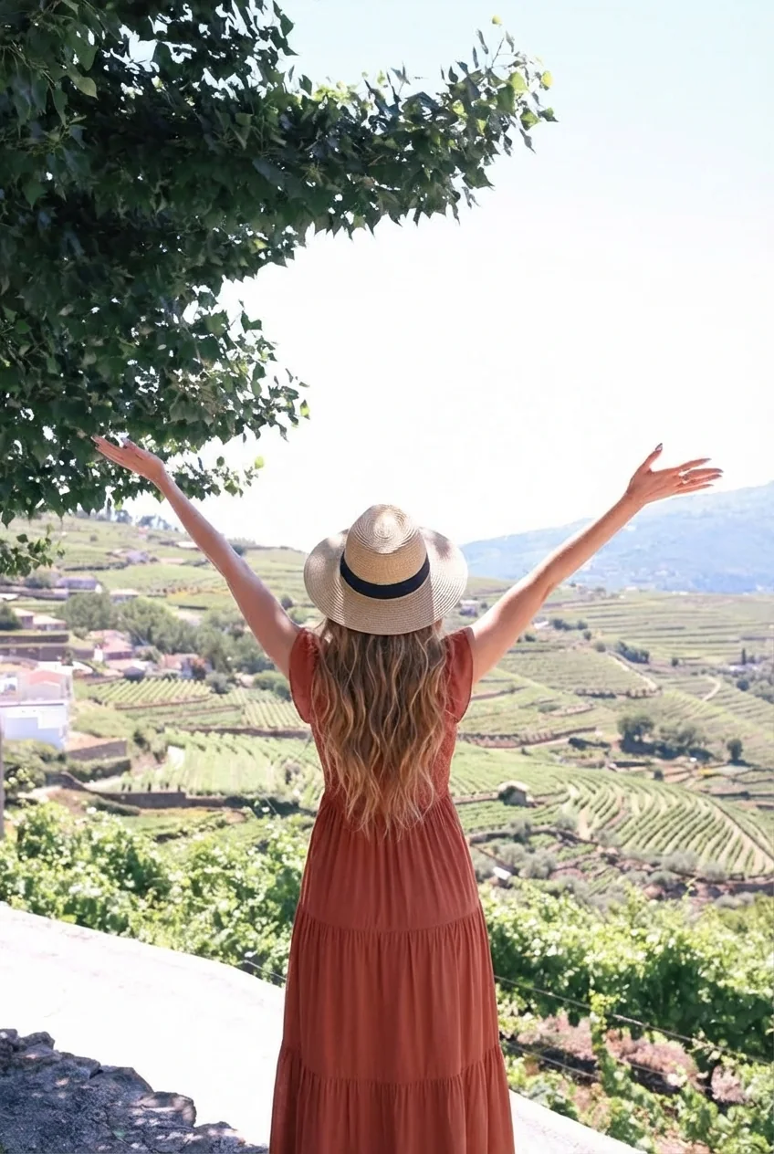 Woman in dress and hat overlooking vineyards in Portugal