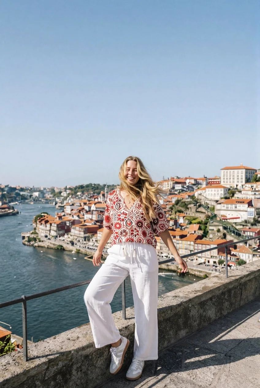 Woman in bold print top and white pants overlooking a Portuguese cityscape
