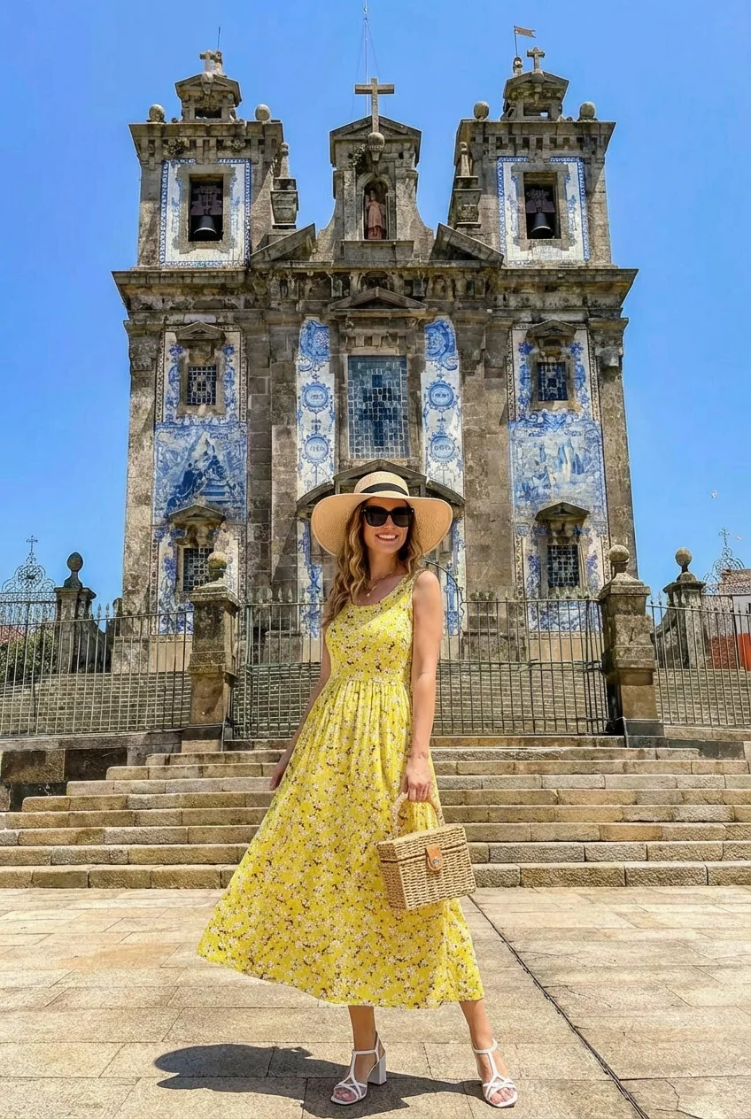 Woman in yellow floral dress standing in front of a blue and white tiled church in Portugal.
