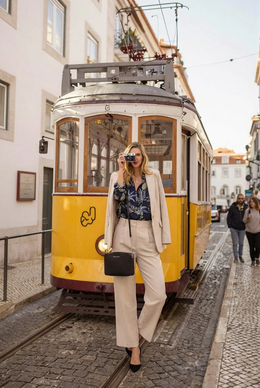 Woman in beige suit and patterned blouse posing with vintage tram in Lisbon