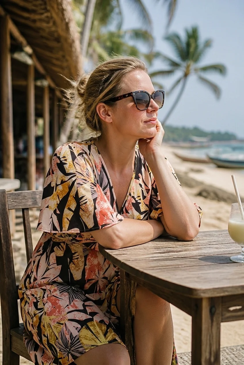 Woman in tropical print dress at beachside shack with palm trees and ocean view.