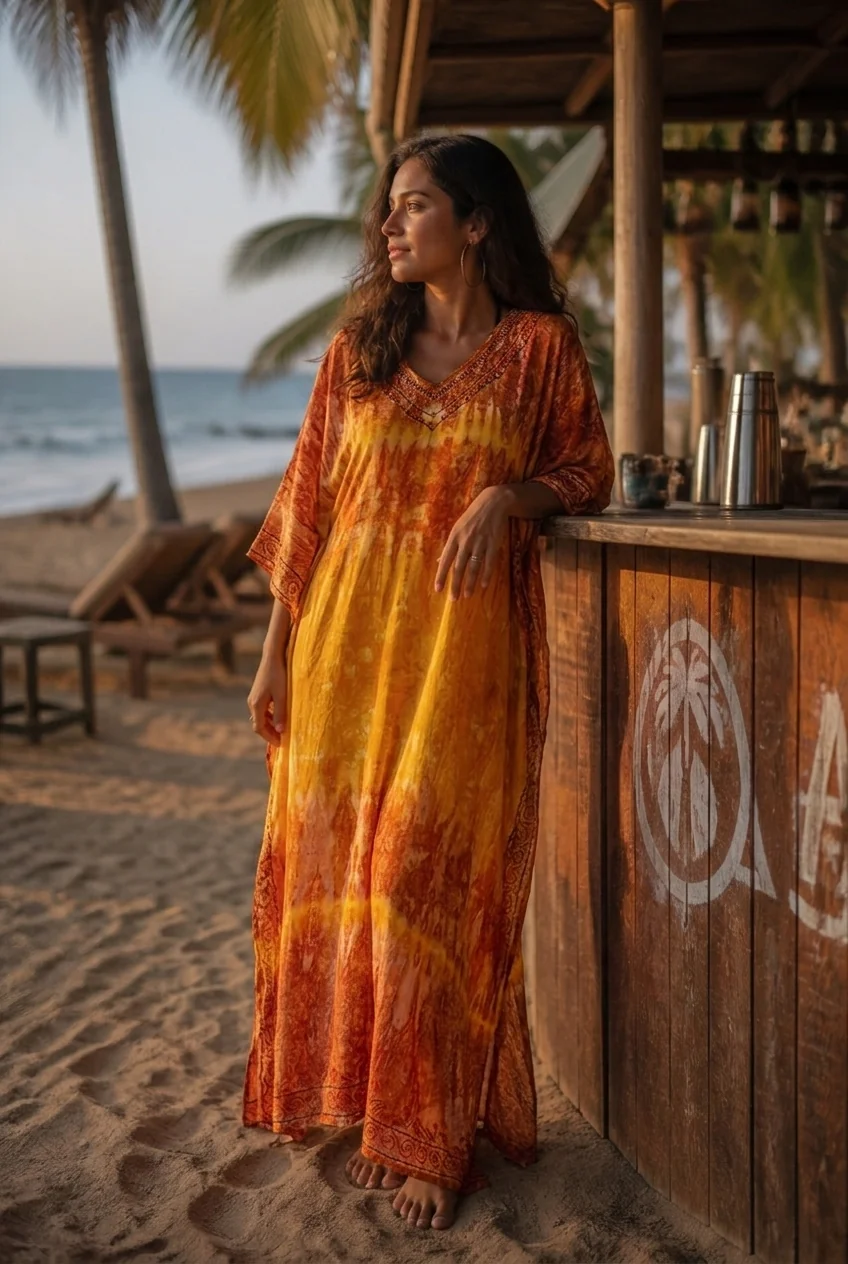 Woman in tie-dye kaftan standing at beachside bar