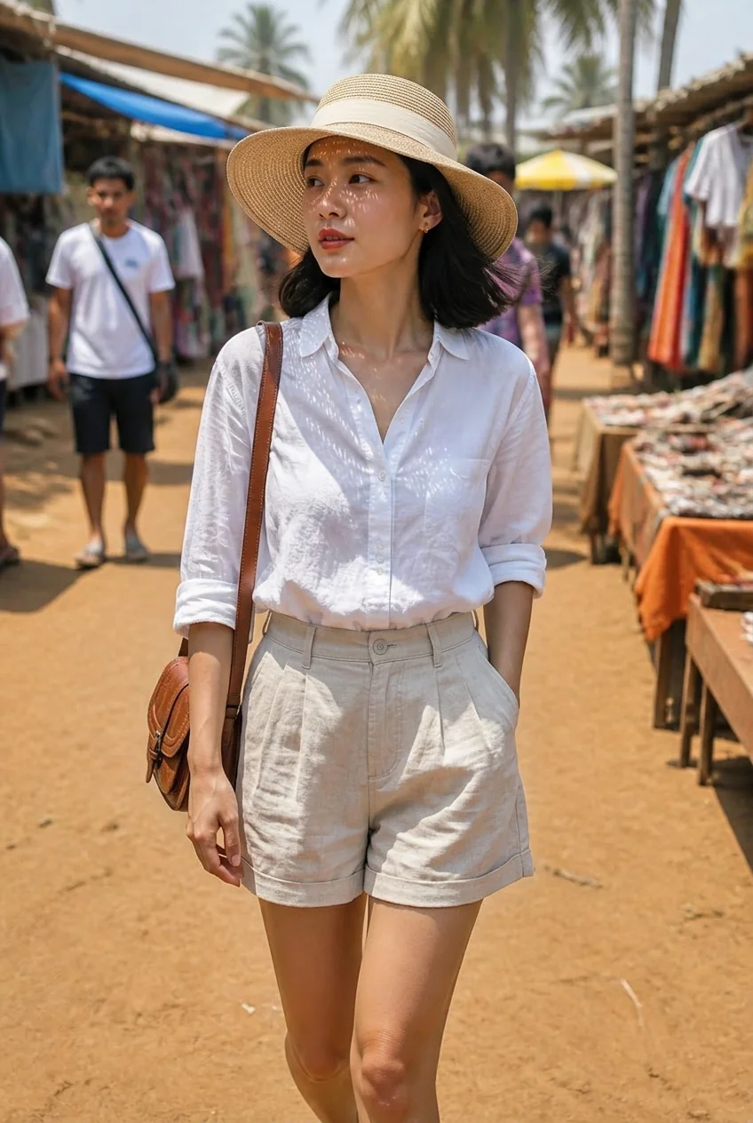 Woman walking through Goa market wearing linen shorts and white shirt with straw hat
