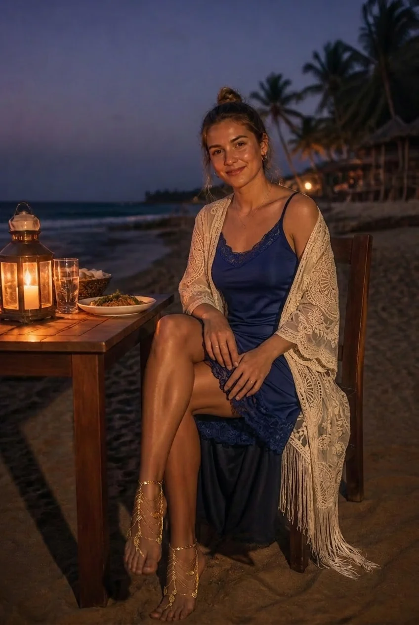 Woman in boho outfit dining on beach at night in Goa
