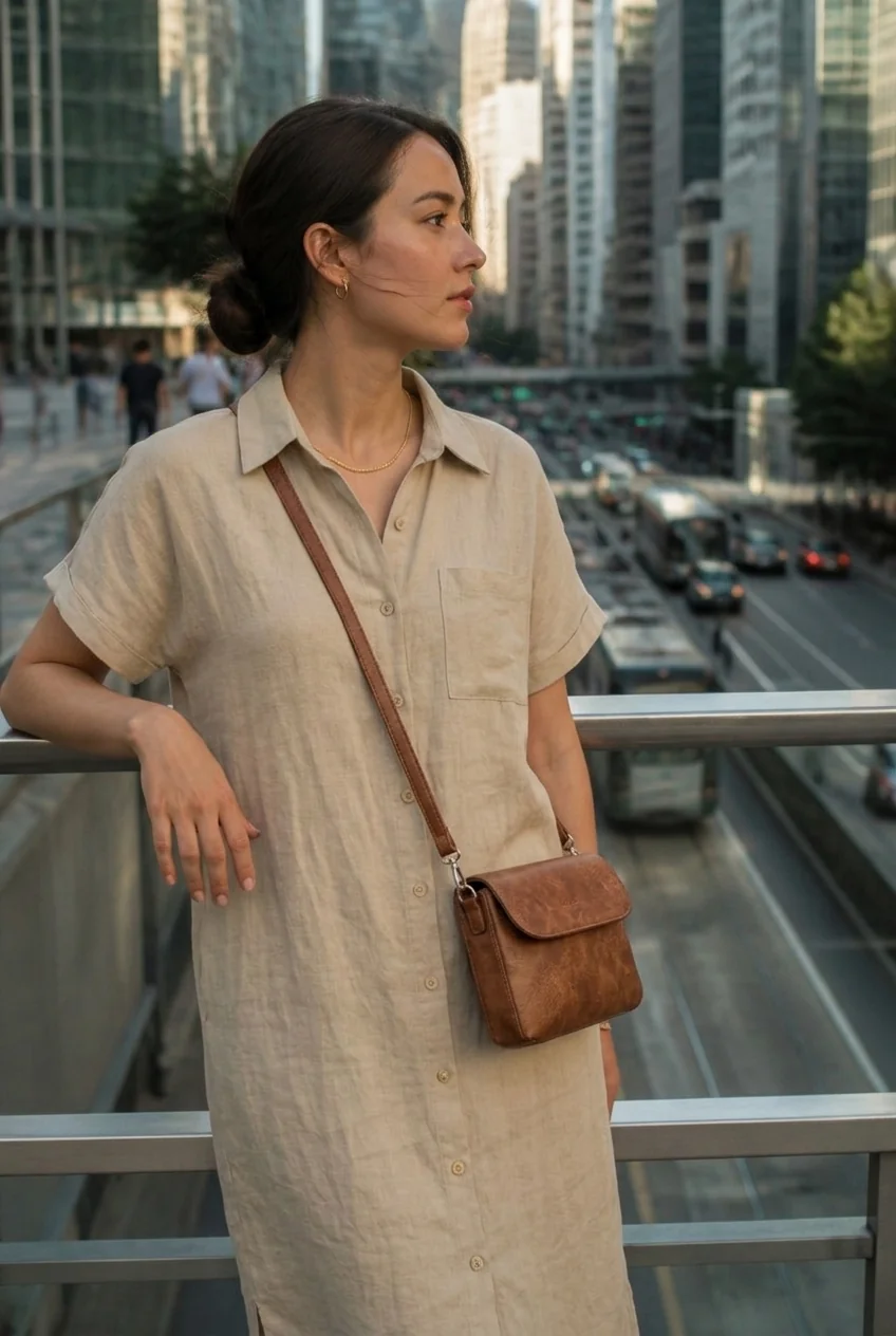 Woman in linen dress overlooking Hong Kong cityscape from a pedestrian bridge.