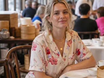 Woman in floral pajama-style co-ord at a dim sum restaurant in Hong Kong.