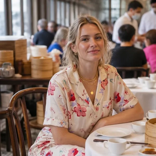 Woman in floral pajama-style co-ord at a dim sum restaurant in Hong Kong.