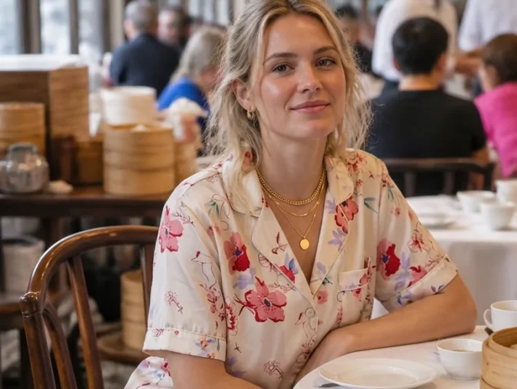 Woman in floral pajama-style co-ord at a dim sum restaurant in Hong Kong.