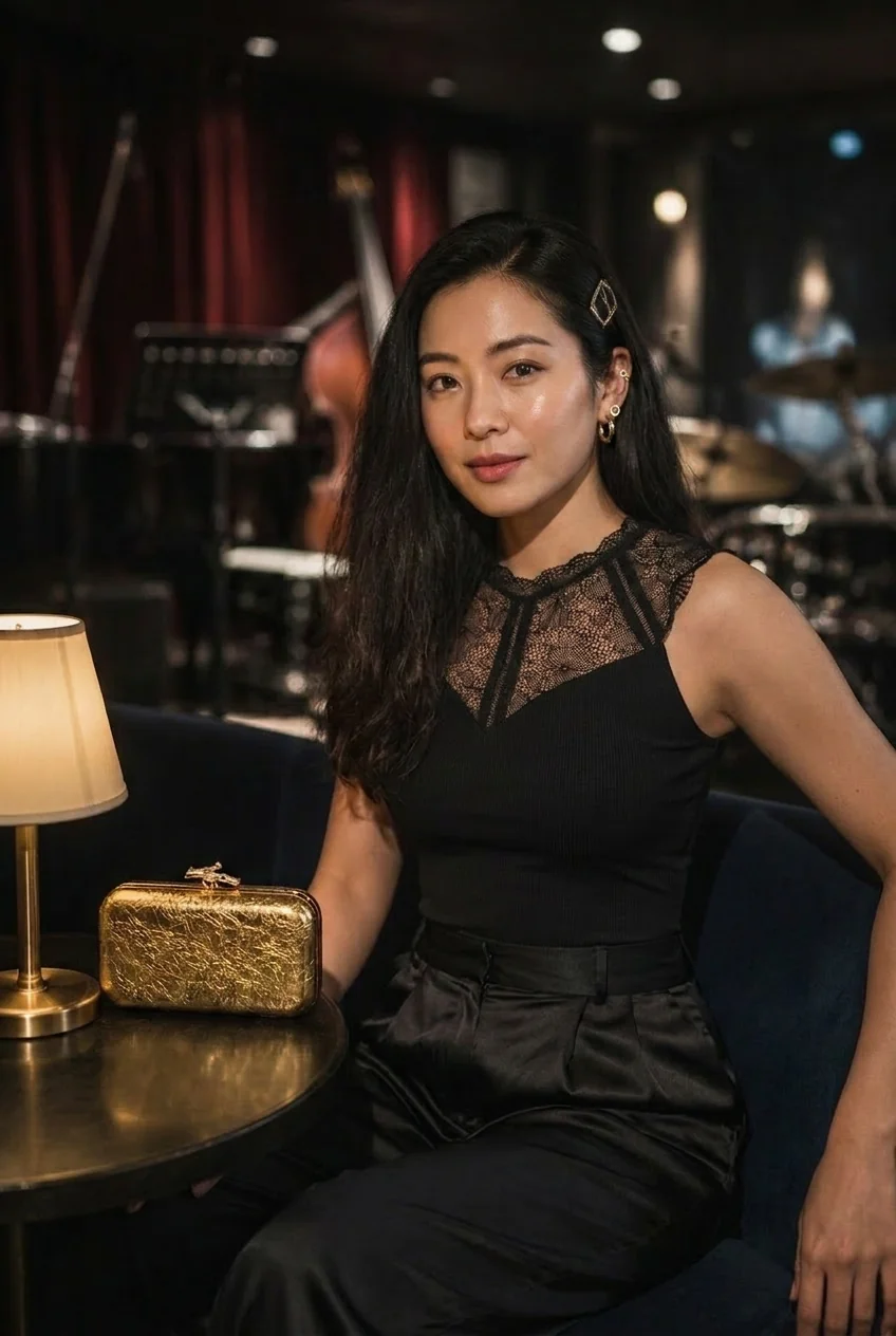 A woman in a black lace top and satin pants sits in a jazz club setting with a gold clutch.