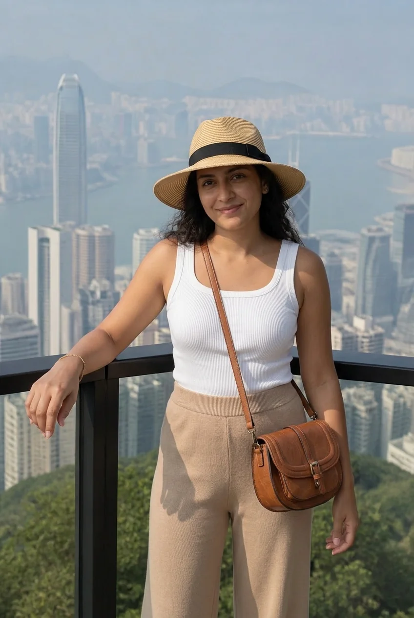 Woman in white top and beige pants on balcony overlooking Hong Kong skyline