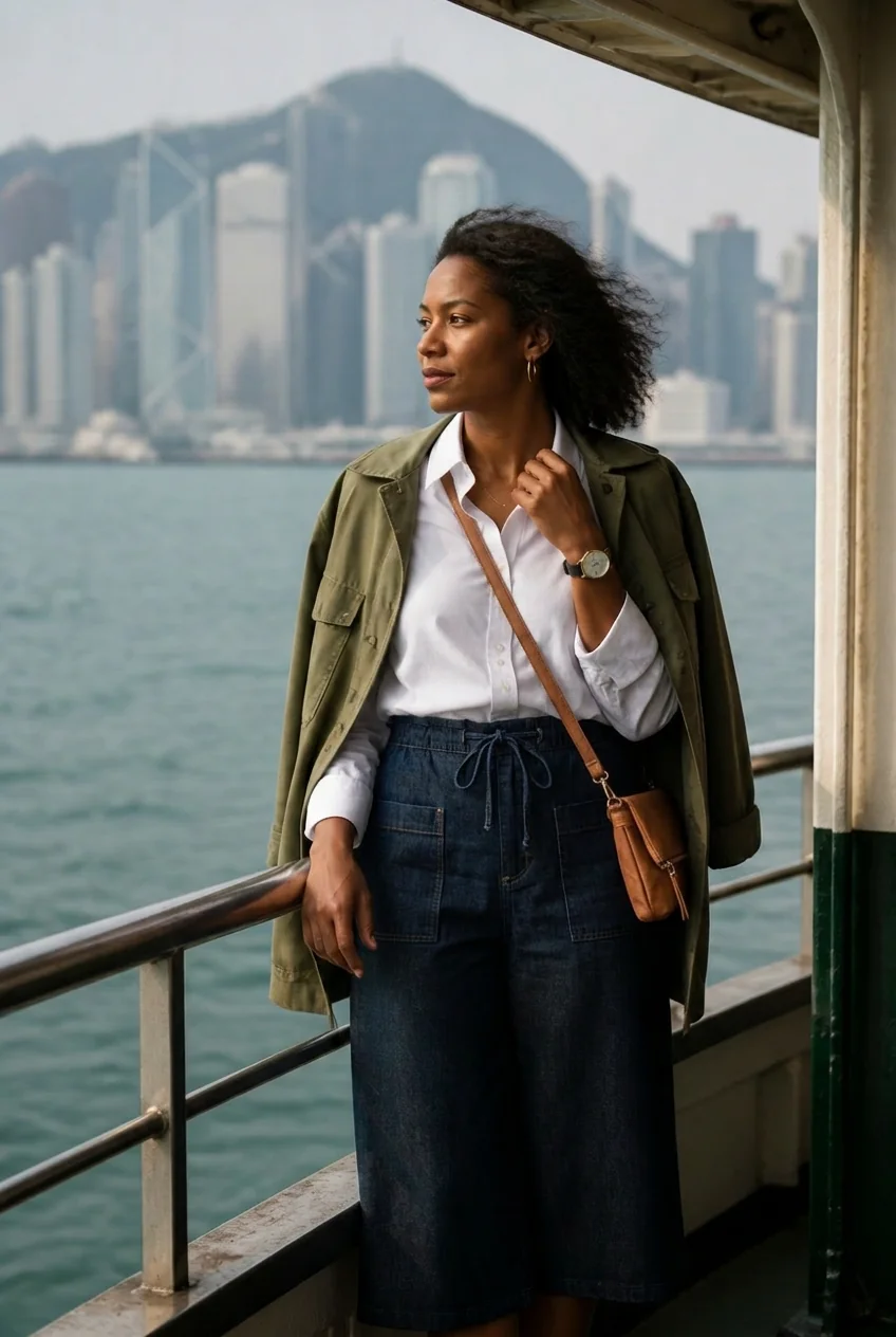 Woman wearing utility-style outfit on Star Ferry in Hong Kong