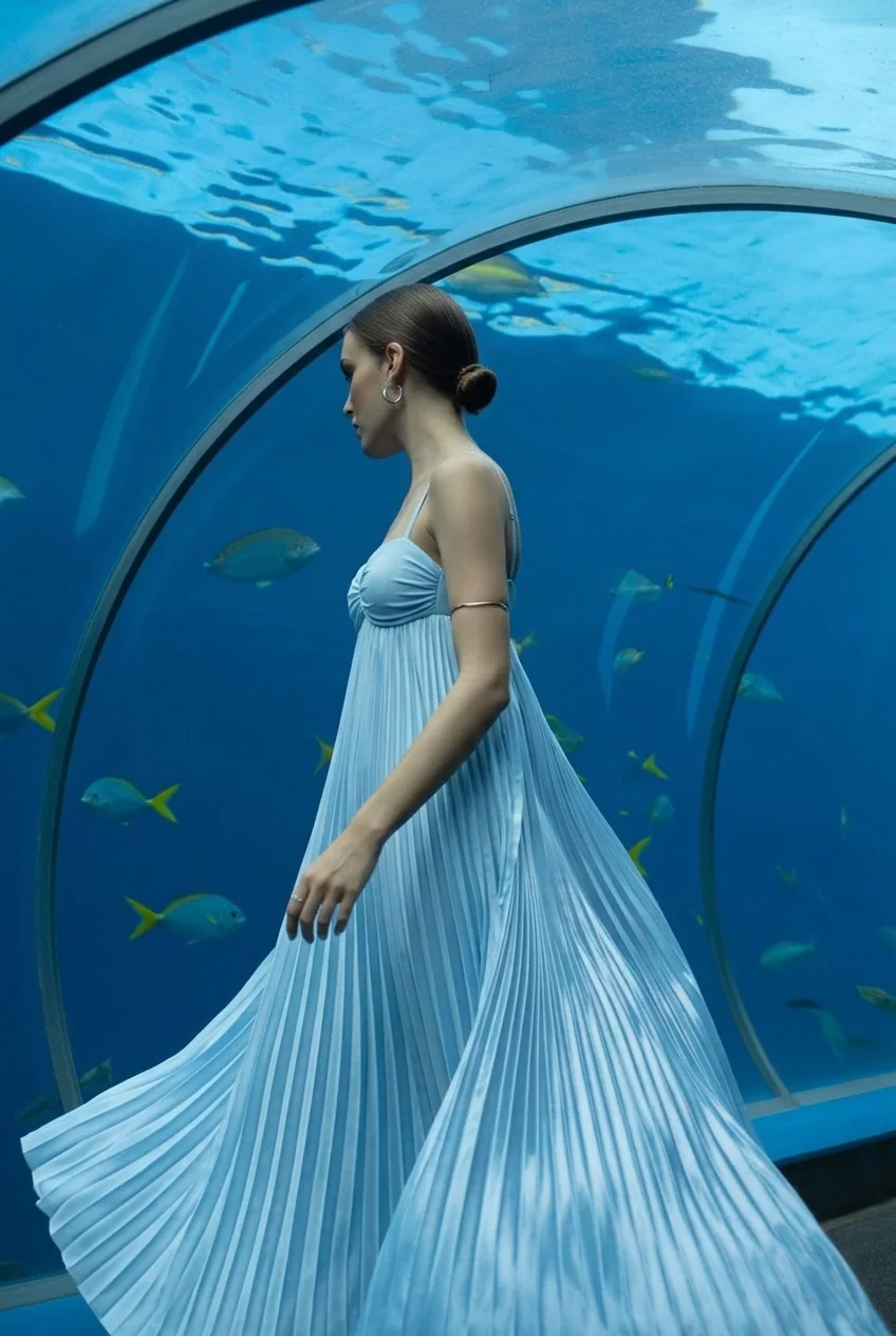 Woman in light blue pleated dress walking through underwater tunnel with fish swimming around her.