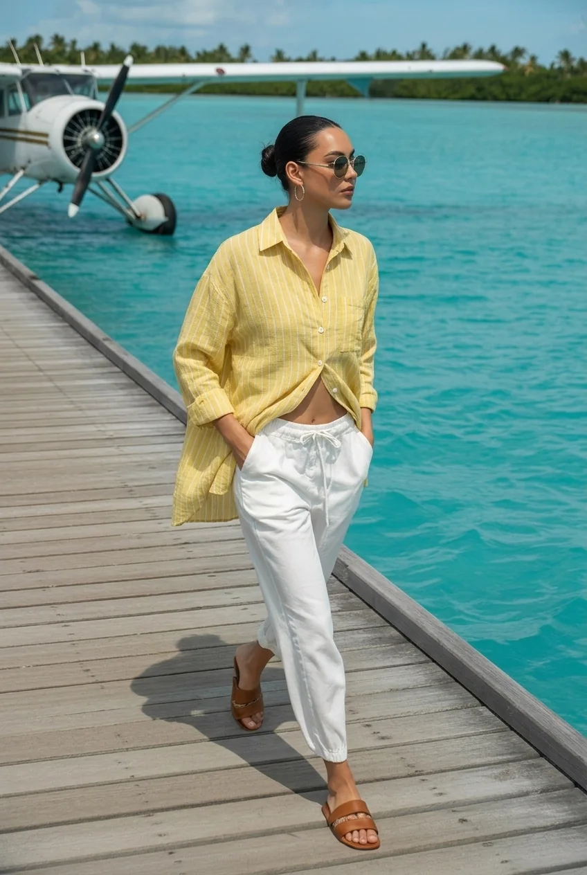 Woman in linen shirt and white pants on wooden dock near seaplane in turquoise water