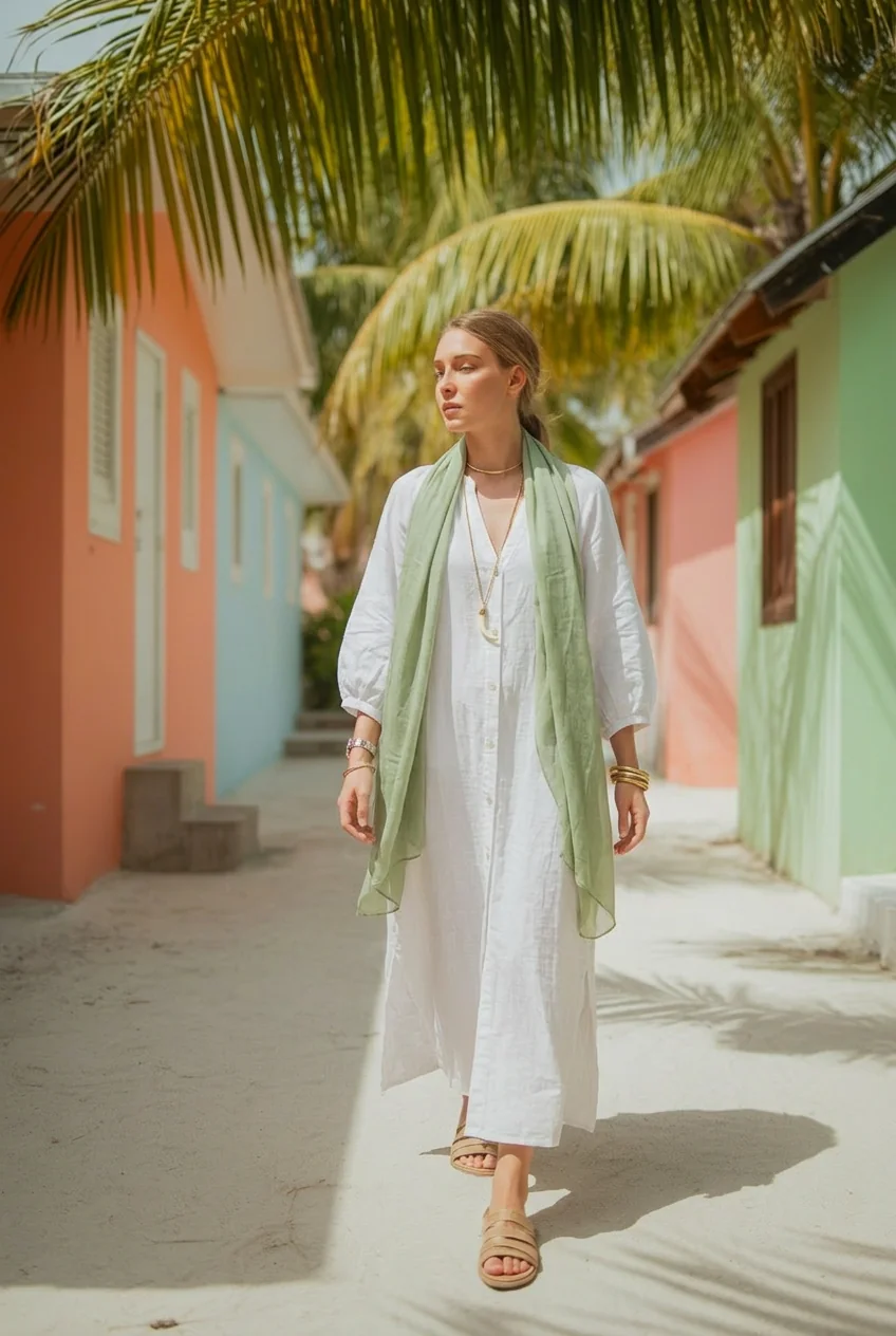 Woman in white linen dress and green scarf walking through colorful Maldivian buildings