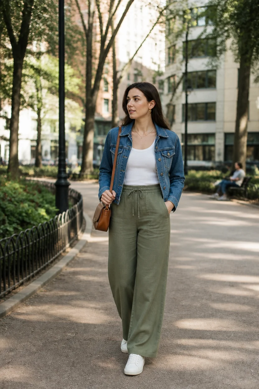 Woman walking in urban park wearing casual chic outfit