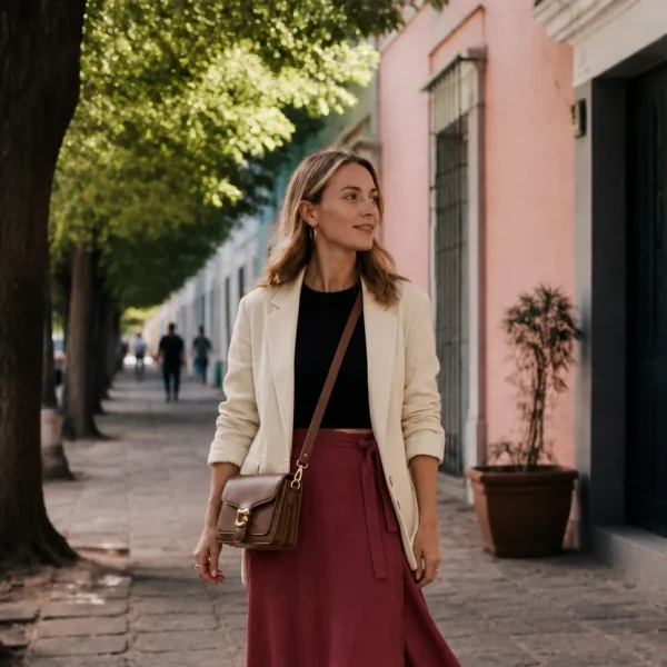Woman walking on cobblestone street in Mexico City wearing beige blazer, burgundy skirt, and brown sandals.