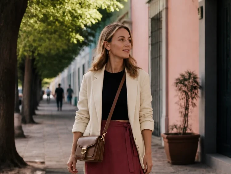 Woman walking on cobblestone street in Mexico City wearing beige blazer, burgundy skirt, and brown sandals.