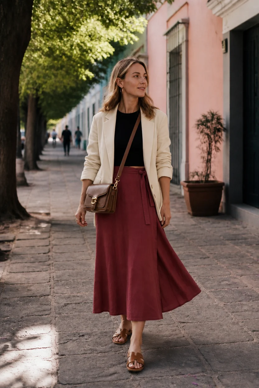 Woman walking on cobblestone street in Mexico City wearing beige blazer, burgundy skirt, and brown sandals.