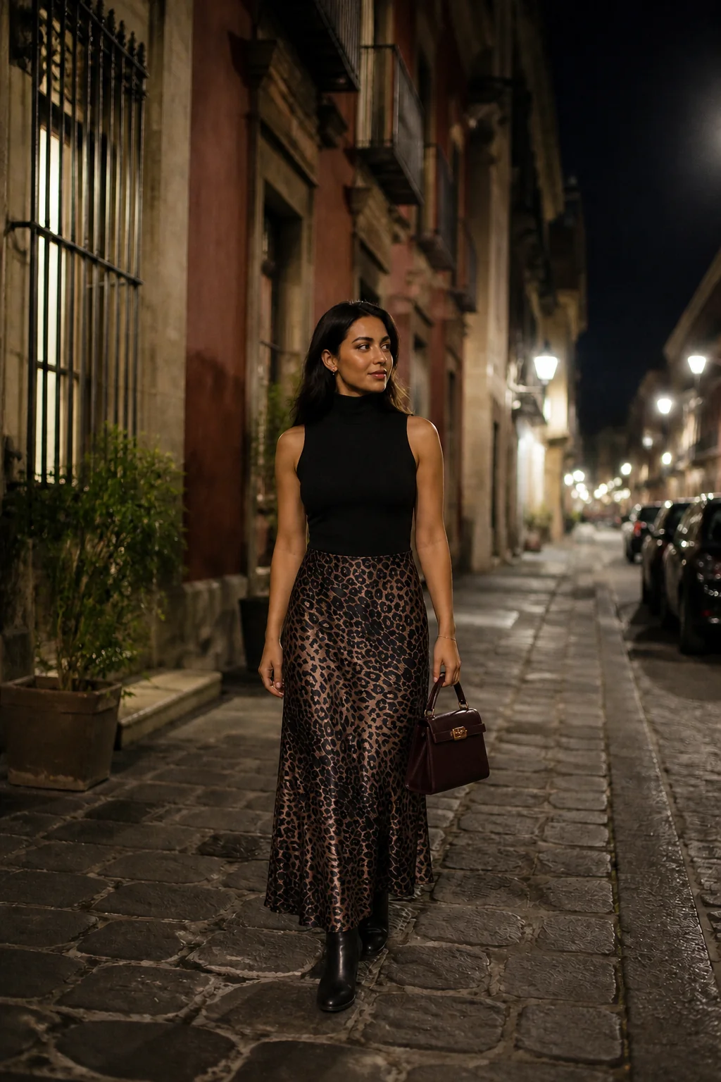 Woman walking on cobblestone street in Mexico City at night wearing evening outfit
