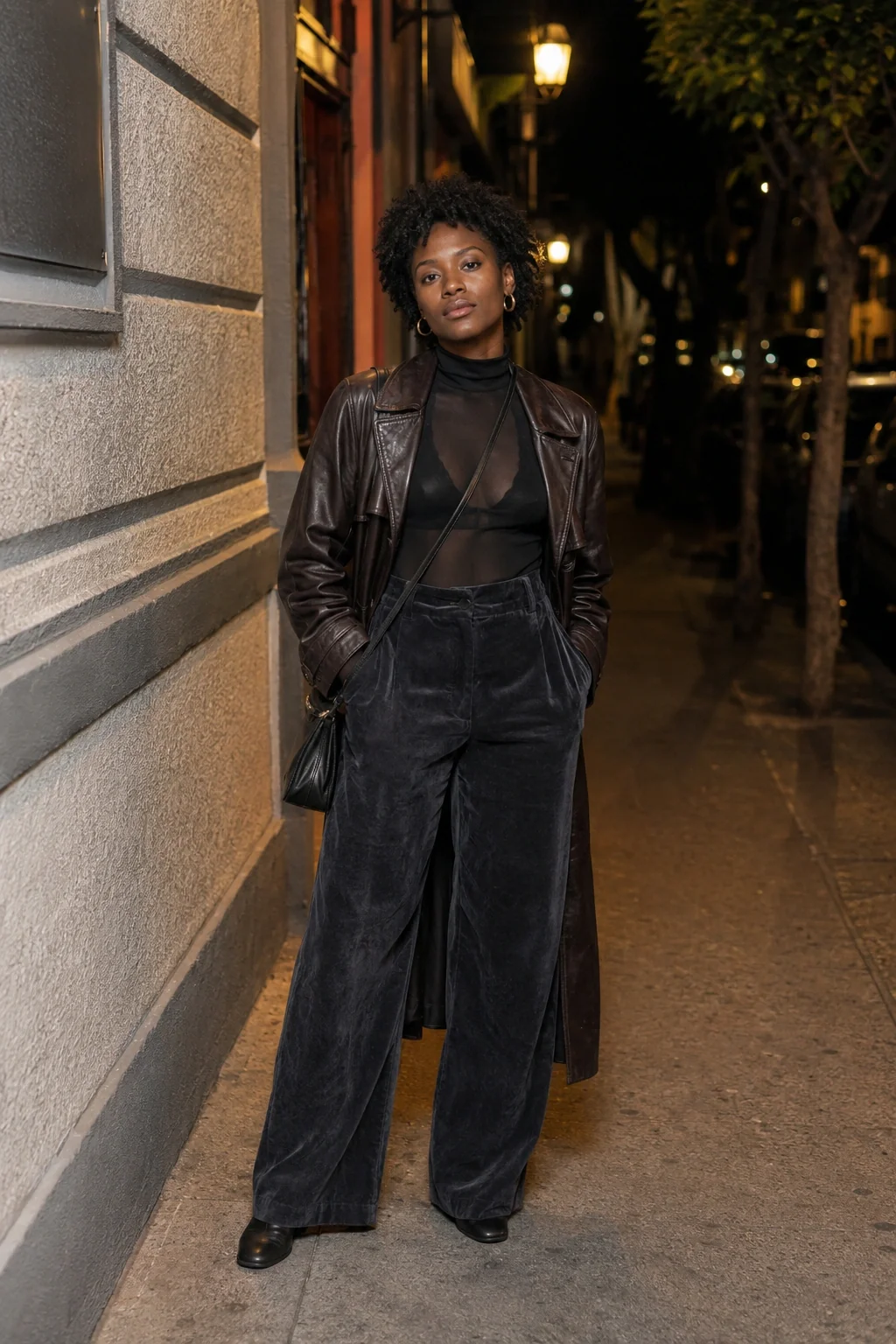 Woman in leather jacket and velvet pants standing on a city street at night in Mexico City.