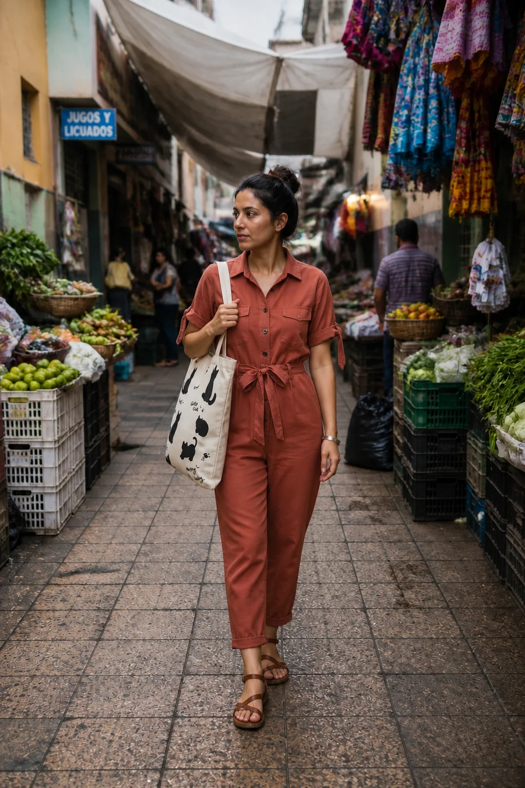 Woman in earthy jumpsuit walking through a Mexico City market aisle.