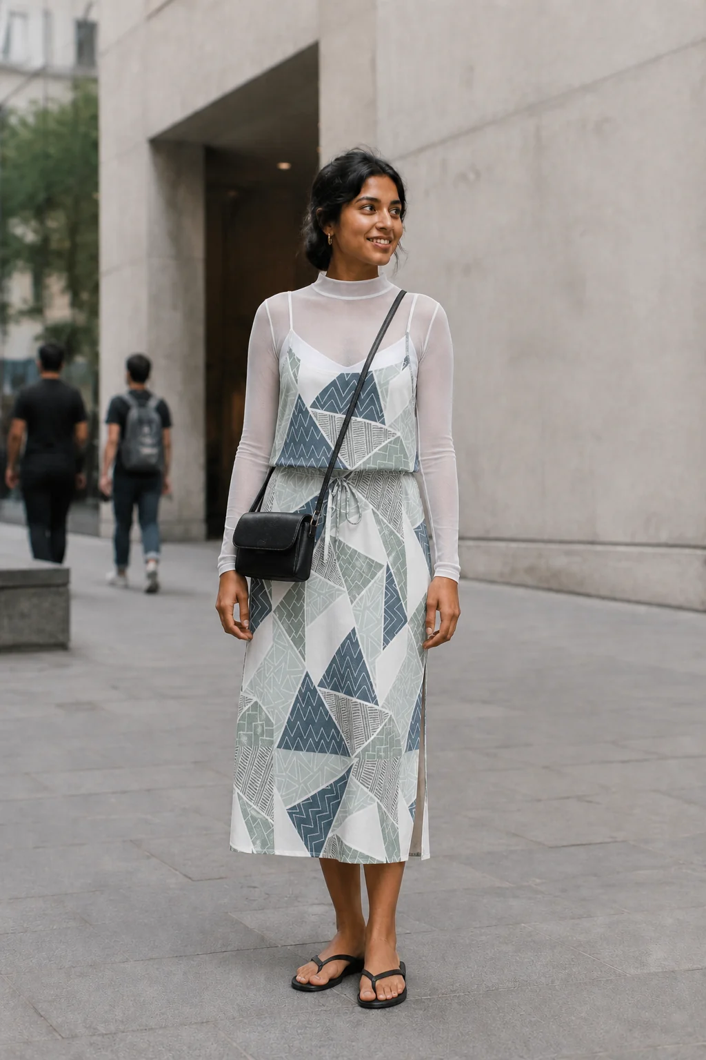 Woman wearing a geometric print dress with sheer top in Mexico City