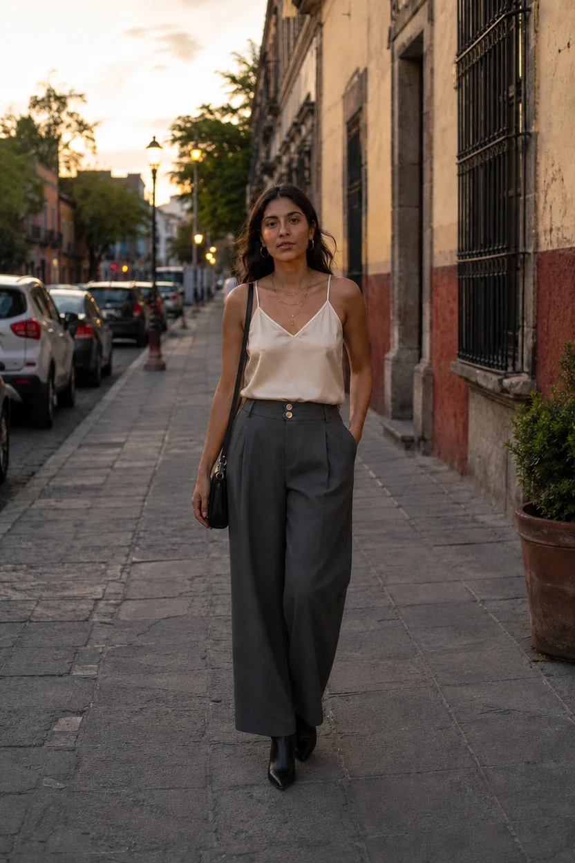Woman walking on cobblestone street in Mexico City wearing chic evening outfit