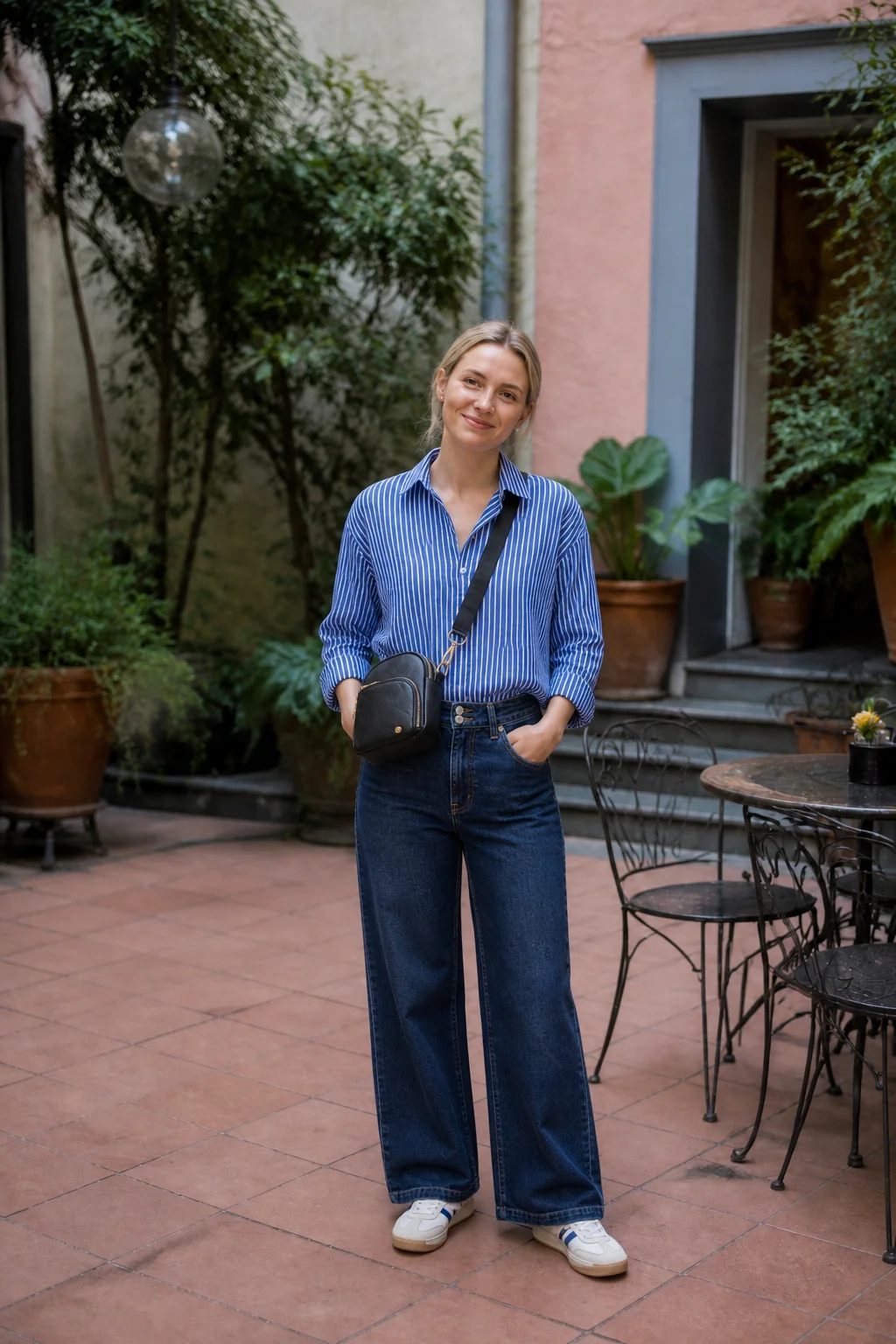Woman wearing blue striped shirt and jeans in Mexico City courtyard