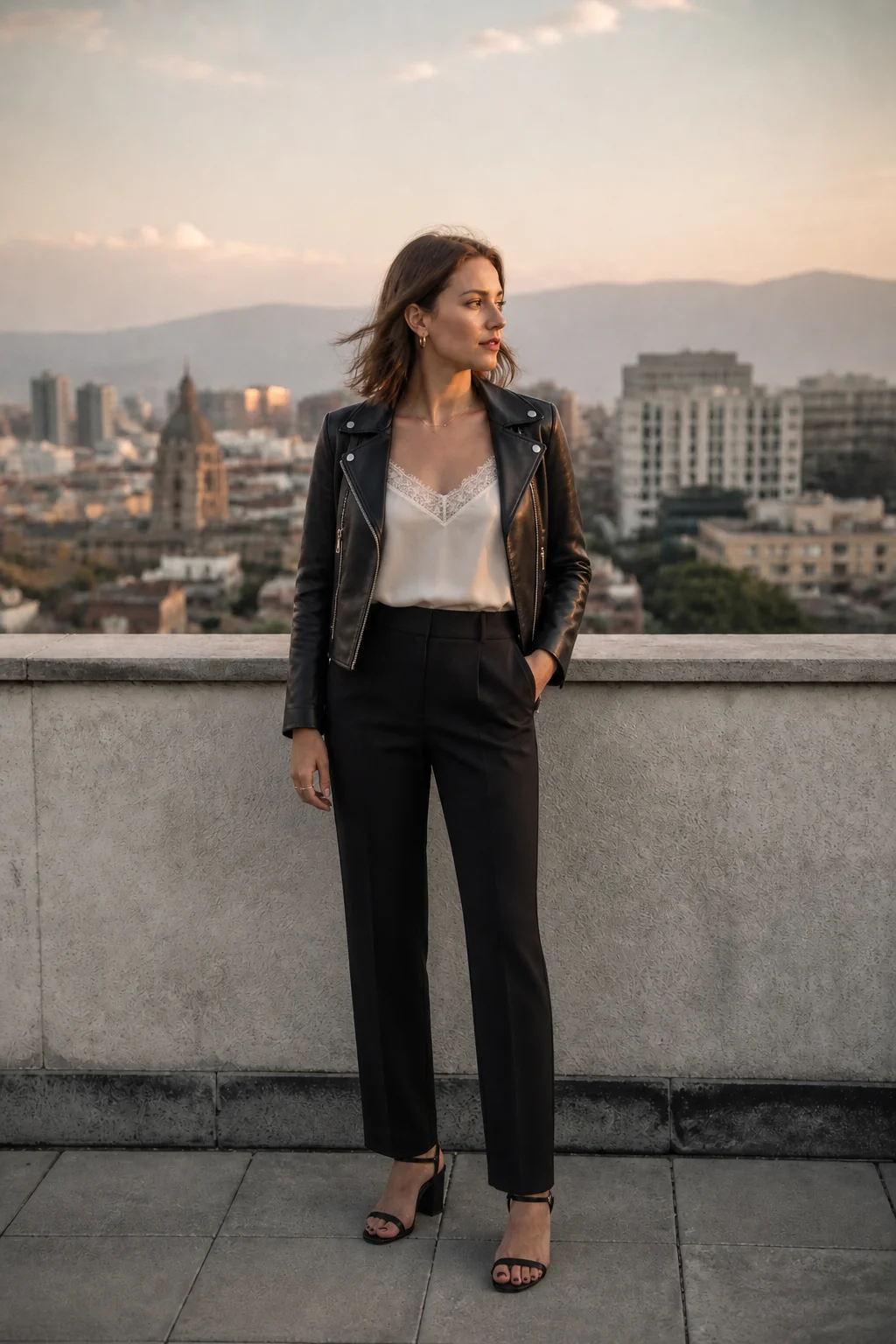 Woman in leather jacket and trousers standing on a rooftop overlooking Mexico City skyline at sunset.