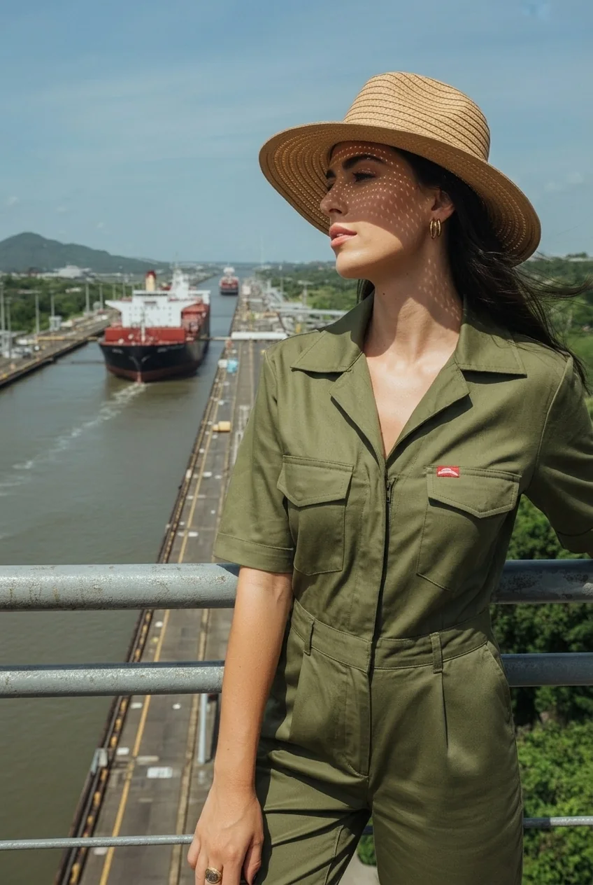 Woman in utilitarian chic outfit overlooking Panama Canal