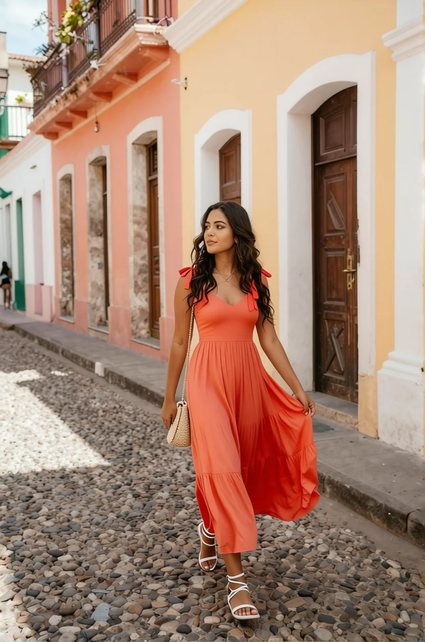 Woman in orange dress walking on cobblestone street in colorful Puerto Rican town