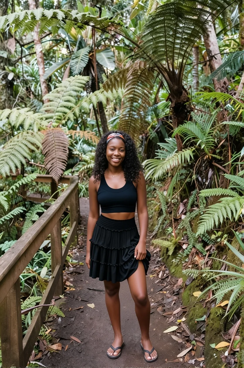 Woman in black athletic outfit walking on jungle trail in Puerto Rico
