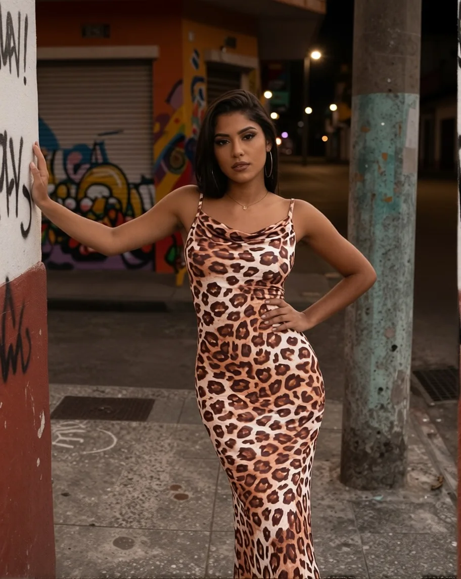 Woman in leopard print dress posing on urban street with graffiti background