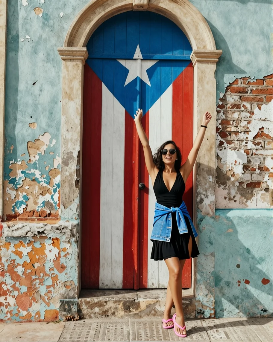 Woman posing in front of a Puerto Rican flag painted door in a historic building.