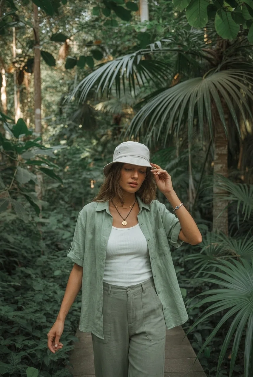 Person wearing linen outfit walking through tropical greenery in Rio