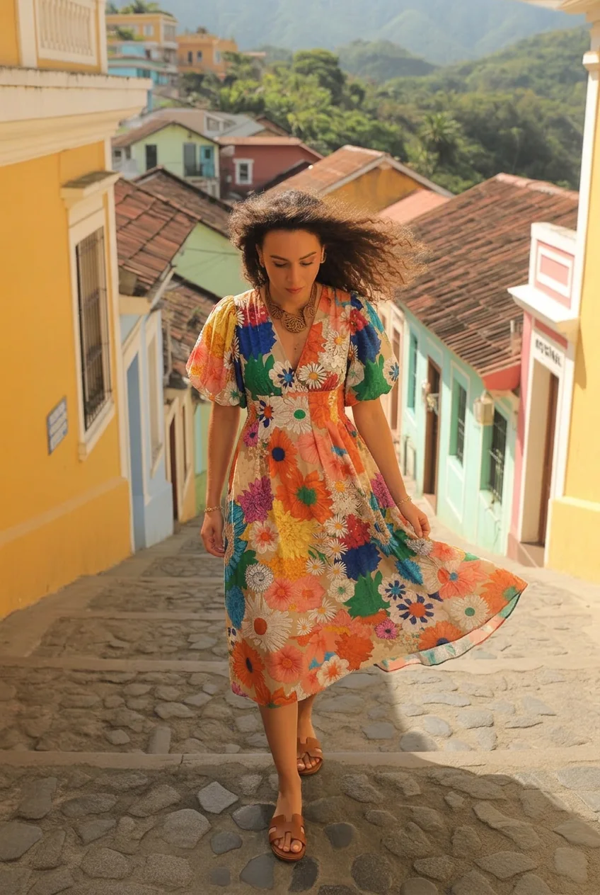 Woman in floral dress walking down cobblestone stairs in colorful Rio neighborhood