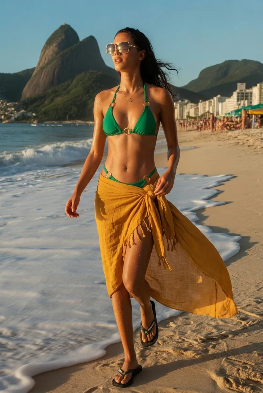 Woman walking on beach wearing bikini and wrap skirt with mountains in background