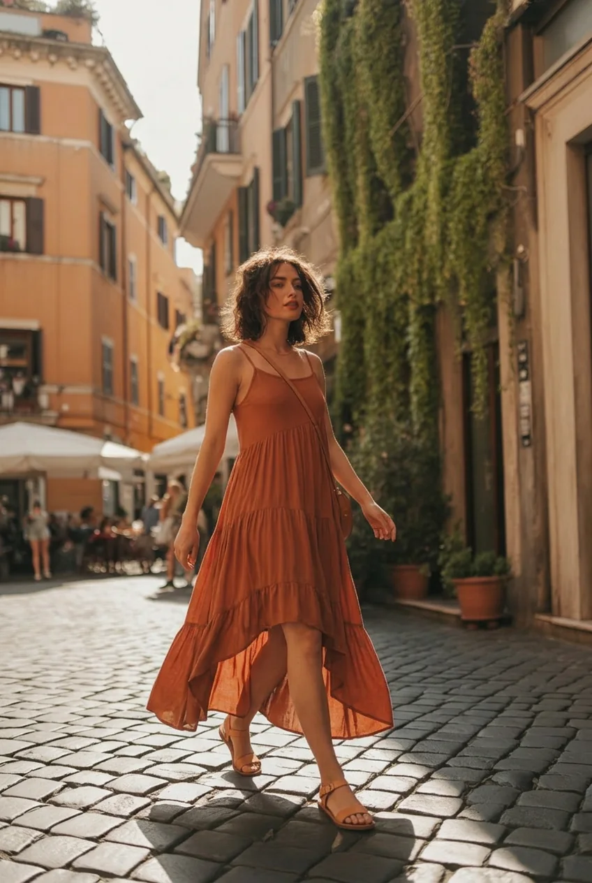 Woman walking in a bohemian dress through a narrow Roman street