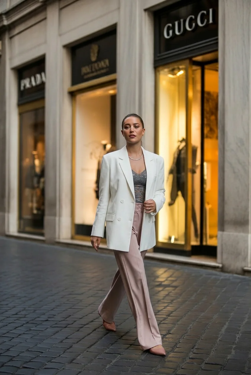 Woman walking on cobblestone street past luxury fashion stores in Rome