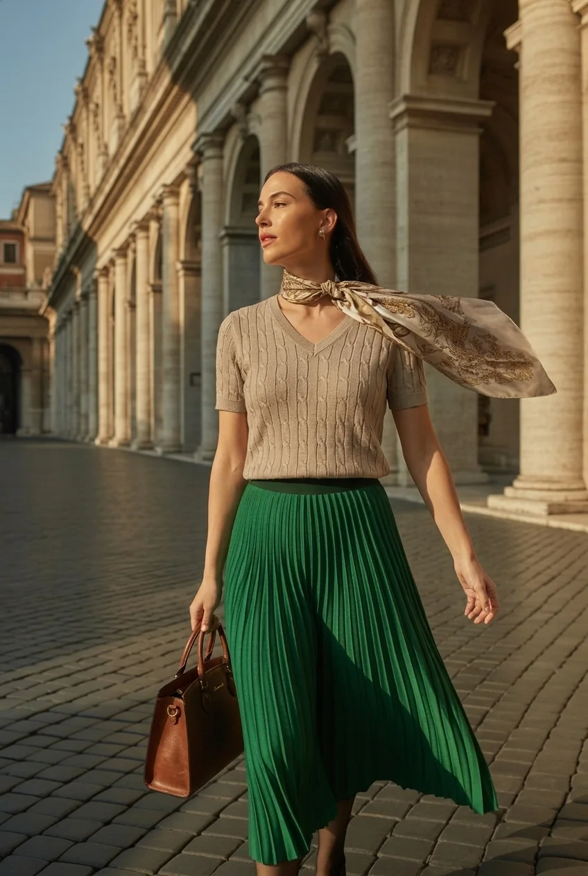 Woman walking in Rome wearing modest travel outfit near historic columns