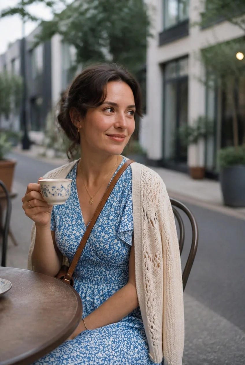 Woman enjoying tea outdoors in a blue floral dress and cream cardigan in an urban setting.