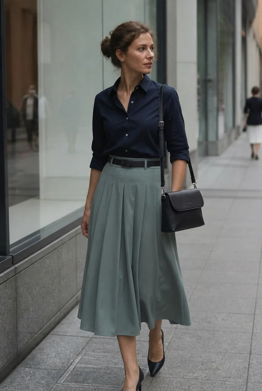 Woman walking on city sidewalk wearing navy shirt and green skirt in Tokyo urban setting.