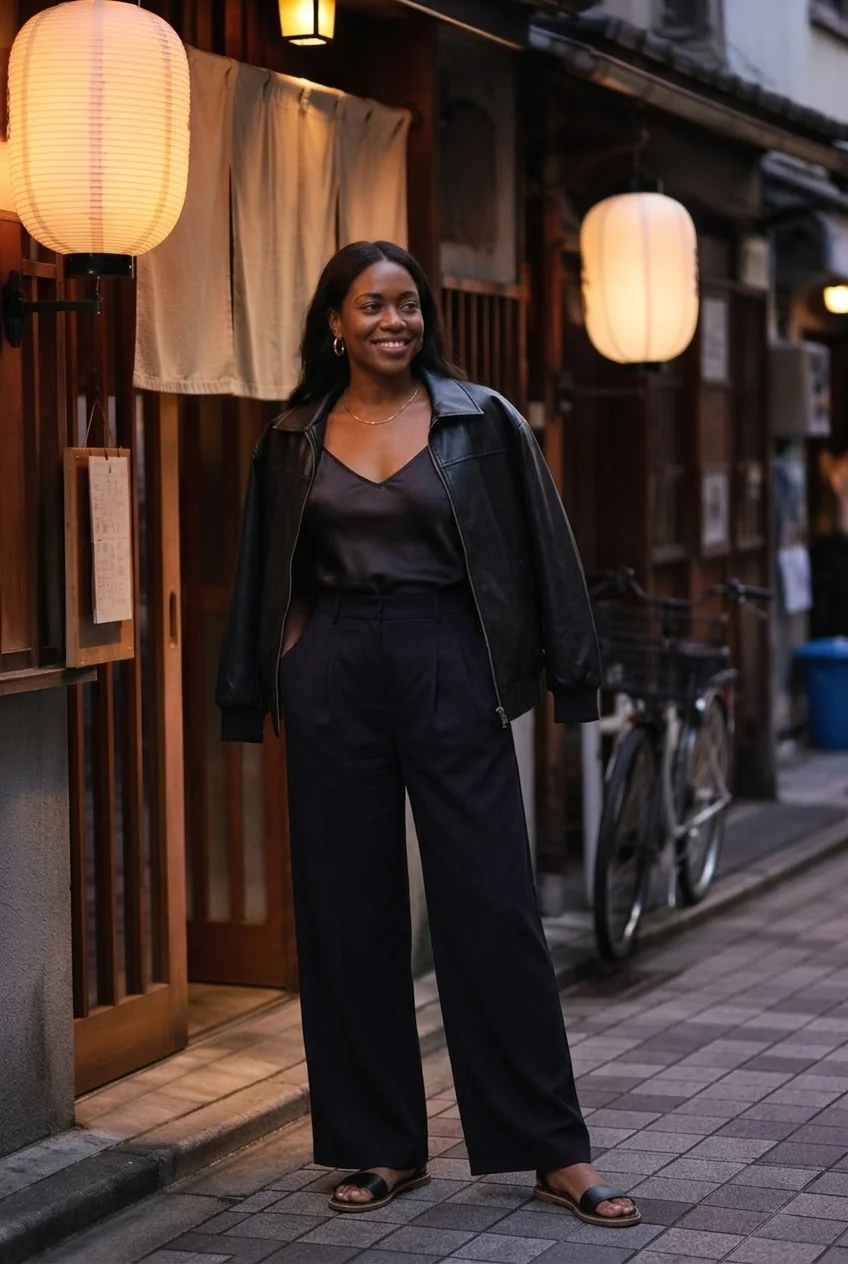 Woman standing outside a Tokyo izakaya wearing a leather jacket and wide-leg pants.