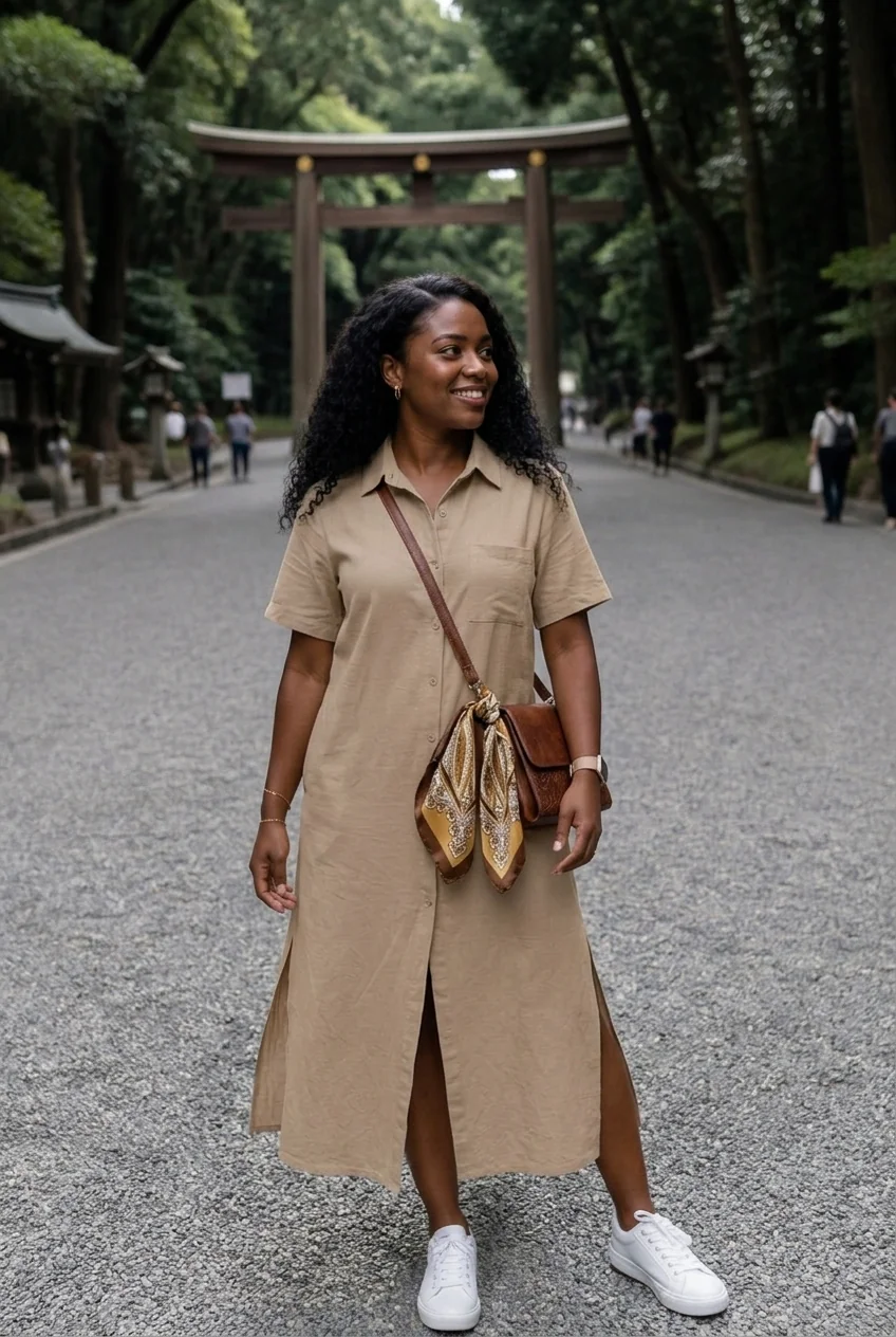 Woman wearing a beige shirt dress and white sneakers at a Tokyo shrine gate