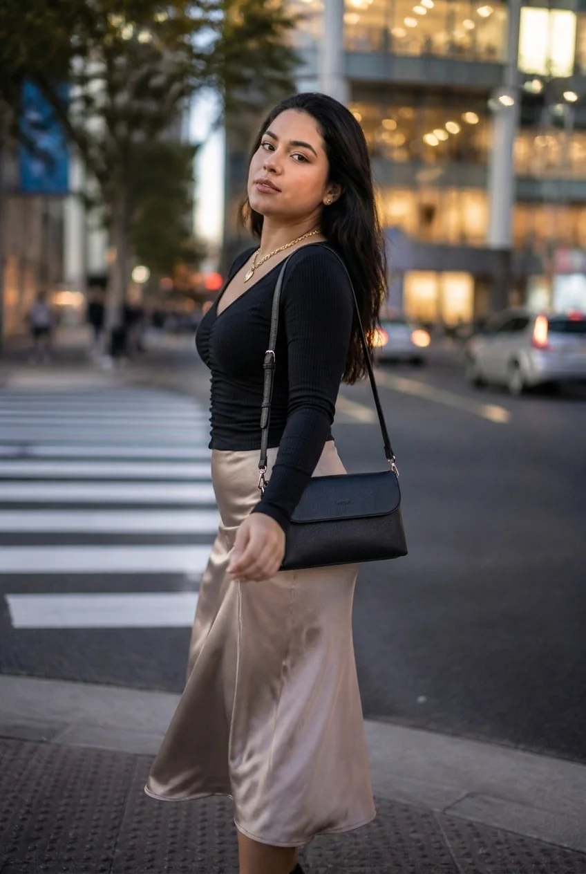 Woman in sleek evening outfit standing on Tokyo street at sunset