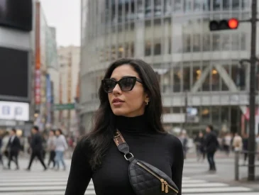 Woman in black outfit standing on Tokyo crosswalk