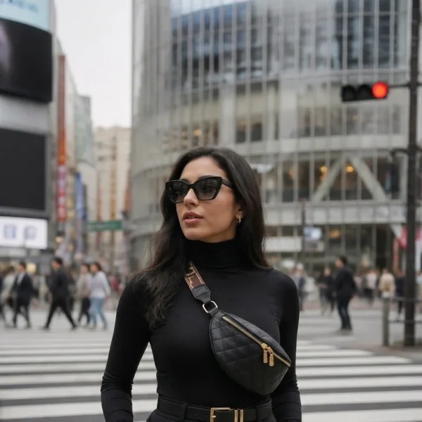 Woman in black outfit standing on Tokyo crosswalk